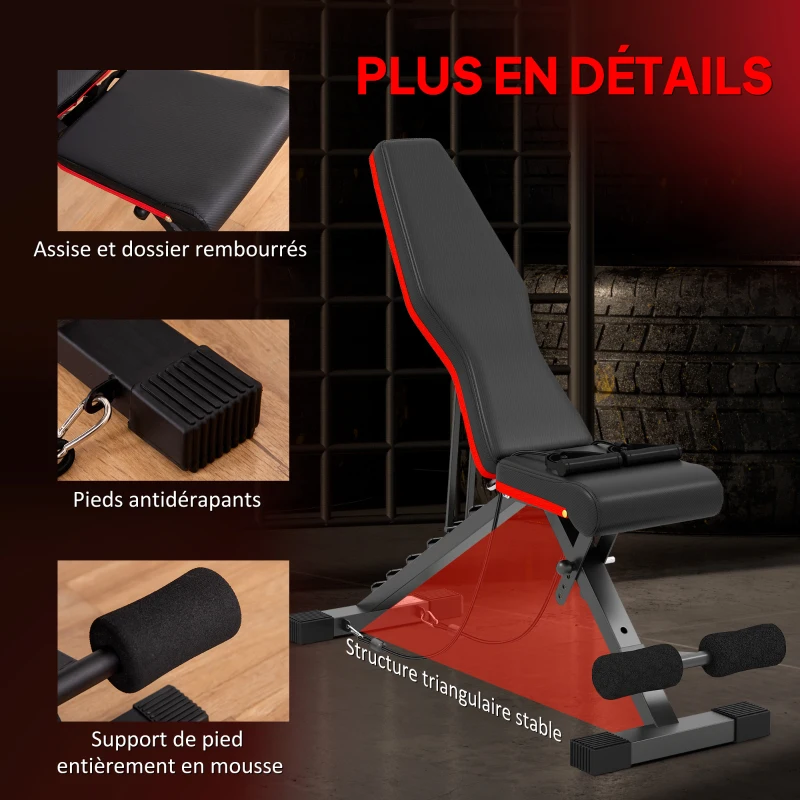 HOMCOM Banc de musculation pliable dossier réglable 6 niveaux assise ajutable 4 niveaux coussin 130 x 34 x 109 cm noir et rouge