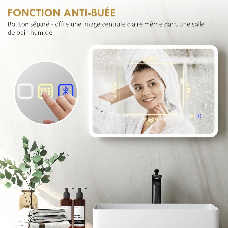 HOMCOM Miroir salle de bain LED bluetooth 50 x 70 cm interrupteur tactile lumière réglable 3 couleurs anti-buée mémoire argent