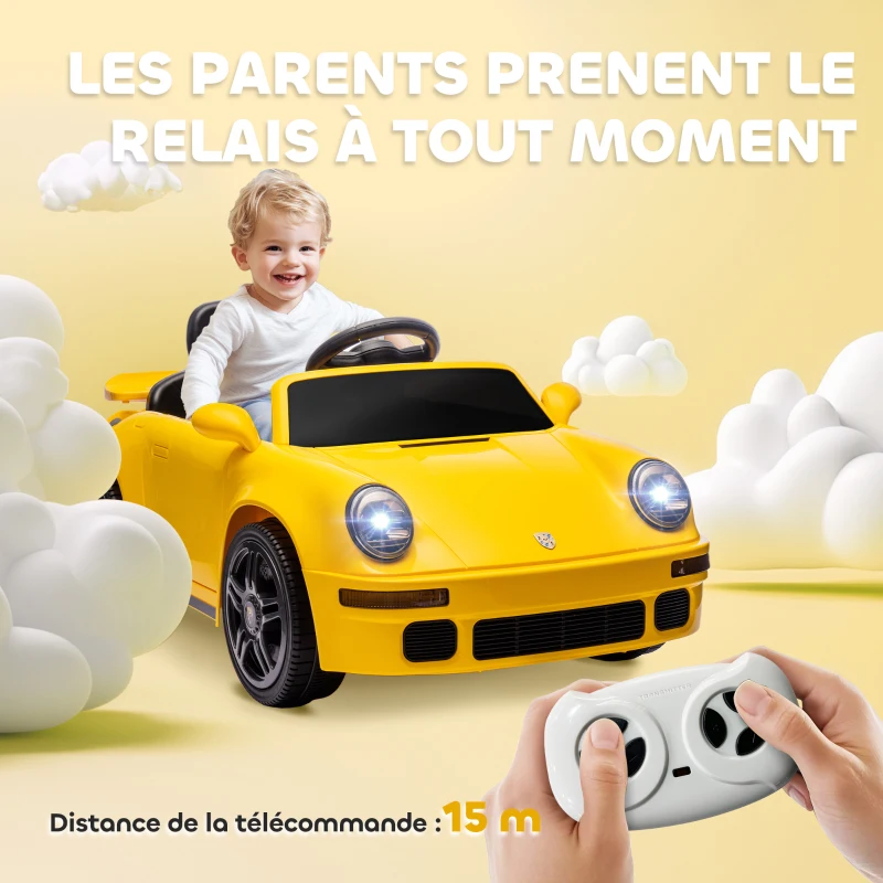 AIYAPLAY Voiture électrique enfants, véhicule électrique 12V, télécommande 2,4G, phares, musique, klaxon, 103 x 55 x 44 cm, jaune