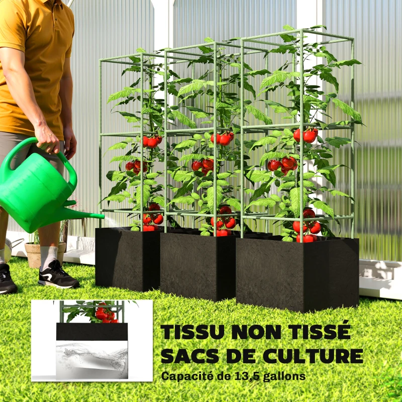Outsunny Lot de 3 cages à tomates carrées avec sacs de culture de 51,2 L, treillis pour fleurs, légumes, plantes grimpantes, vert