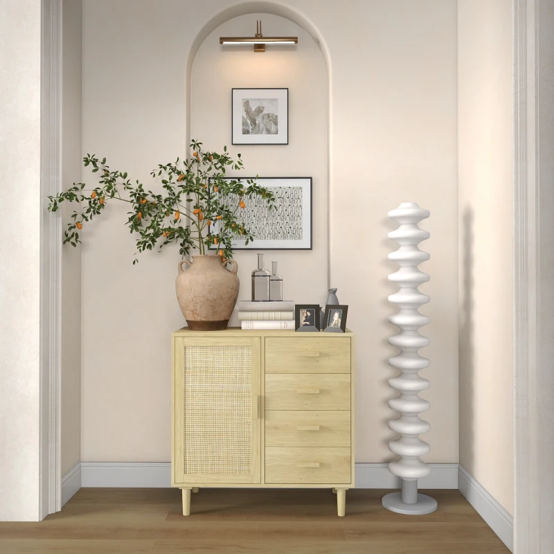 HOMCOM Buffet rotin avec placards à porte cannage et 4 tiroir, 80 x 38 x 80,5 cm, effet bois naturel
