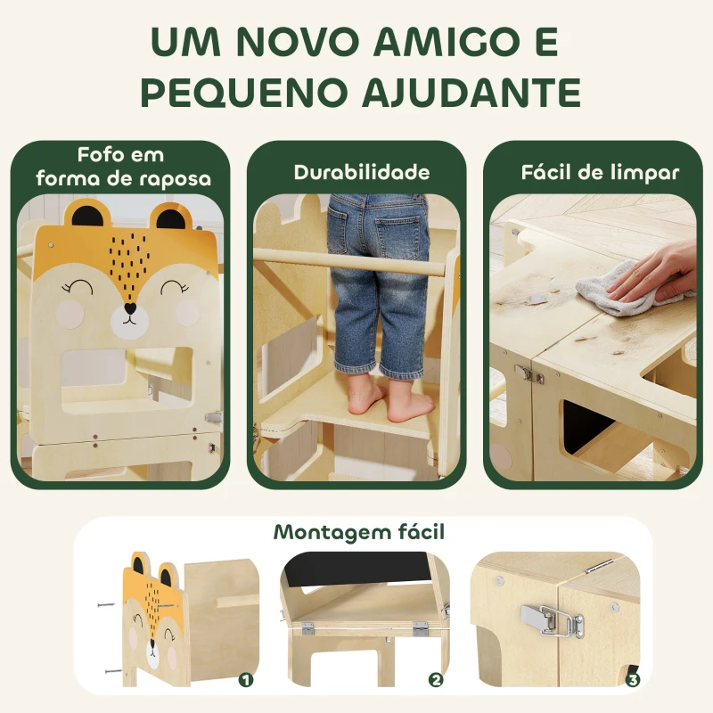 AIYAPLAY Torre de Aprendizagem 3 em 1 Dobrável Conversível em Secretária e Cadeira com Quadro Estampas de Raposas Madeira