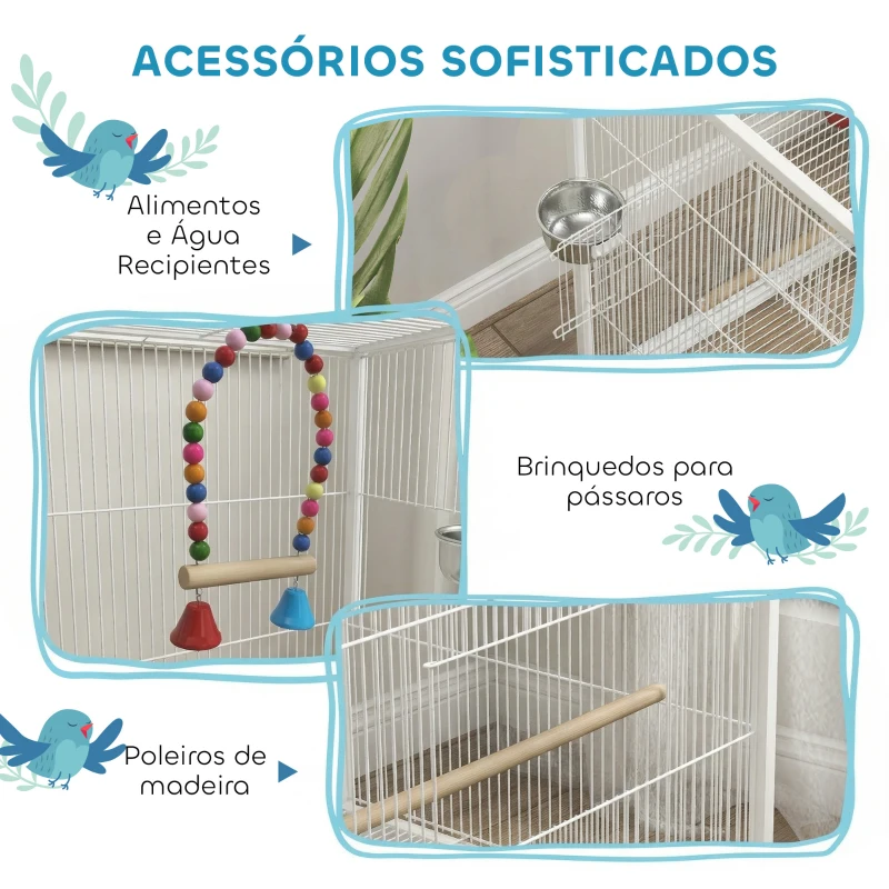 PawHut Gaiola para Pássaros com Rodas Poleiros Baloiço Bandeja Removível e Tigelas de Aço Inoxidável 48x46x78 cm Branco