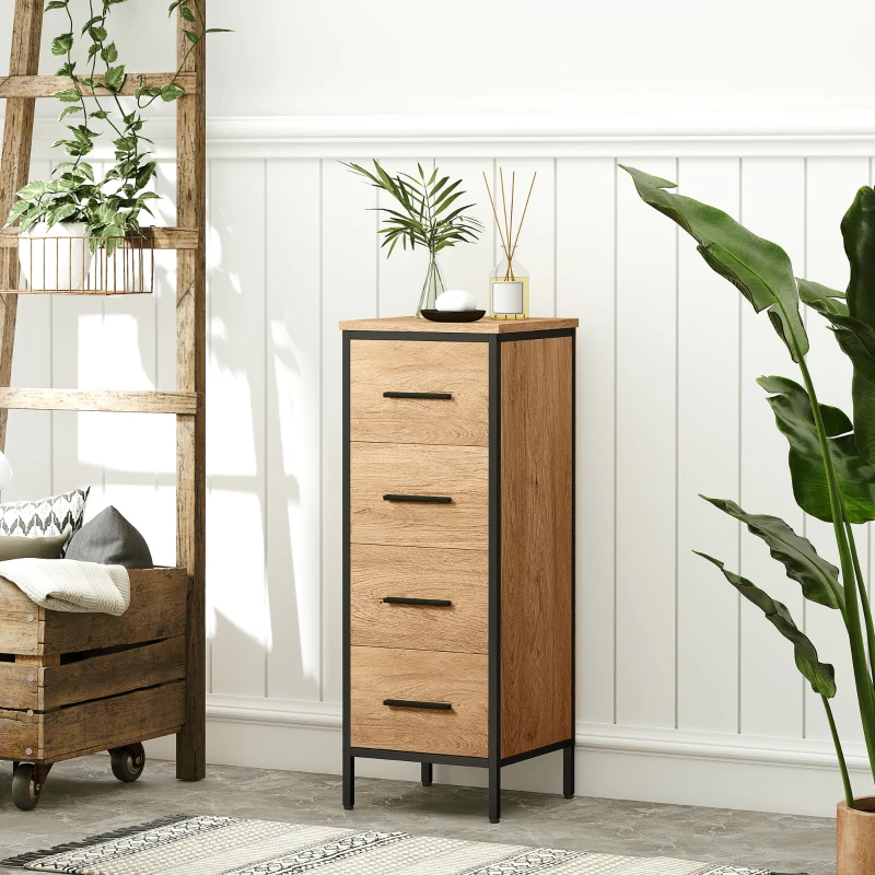 HOMCOM Meuble de salle de bain étroit avec 4 tiroirs et structure en acier, 30 x 30 x 82 cm, chêne