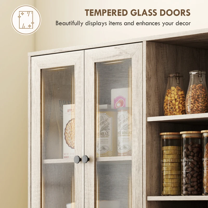 HOMCOM Multi-Storage Kitchen Cabinet, with Glass Doors - Grey Wood-Effect