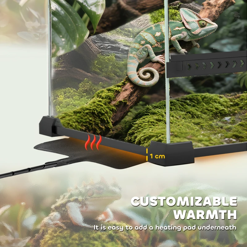 PawHut Reptile Glass Terrarium, Reptile Vivarium with Front Ventilation, Escape-Proof Knob Lock, Glass Enclosure for Lizards, Horned Frogs, Snakes, 50 x 30 x 25 cm, Black