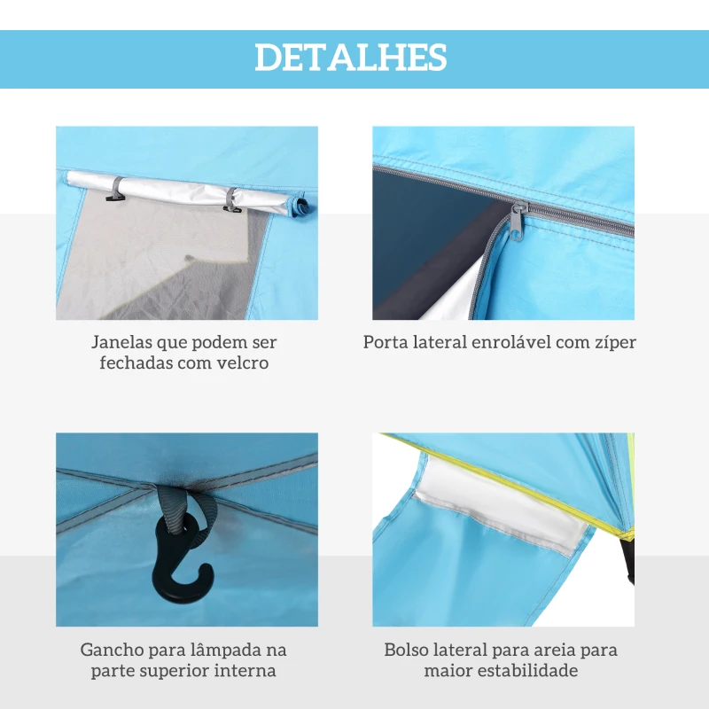 Outsunny Tenda de Praia Pop-up para 1-2 Pessoas com 2 Acessos 2 Janelas e Bolsa de Transporte 220x173x120 cm Azul Claro