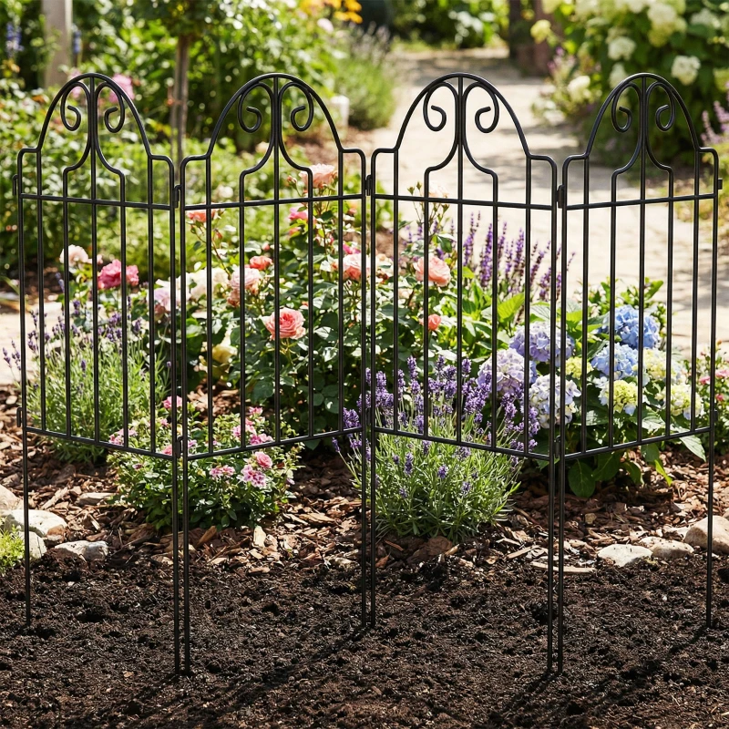 Outsunny Conjunto de 4 Cercas de Jardim Metálicas 125x57 cm com Design Arqueado Resistente e Fácil de Instalar para Pátio Relva Preto