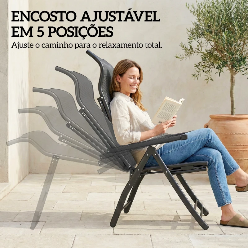 Outsunny Conjunto de 2 Cadeiras Dobráveis Reclináveis de Jardim Exterior com Encosto Alto Ajustável em 5 Posições Apoio para Pés Cinza Escuro