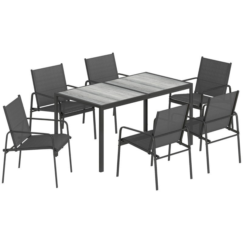 Outsunny Garden Table and Chair Set with Wood-Effect Table and 6 Breathable Mesh Chairs for Terrace, Patio, Black
