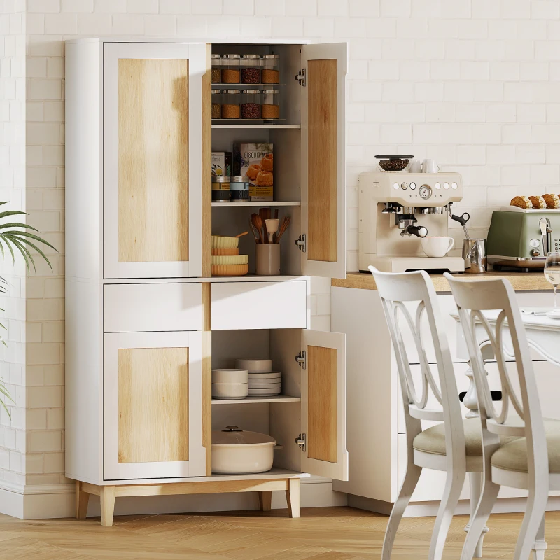 HOMCOM Buffet haut cuisine, armoire de cuisine avec 4 portes, 2 tiroirs et étagères réglables, 80x35x170cm, blanc et chêne(m-10)