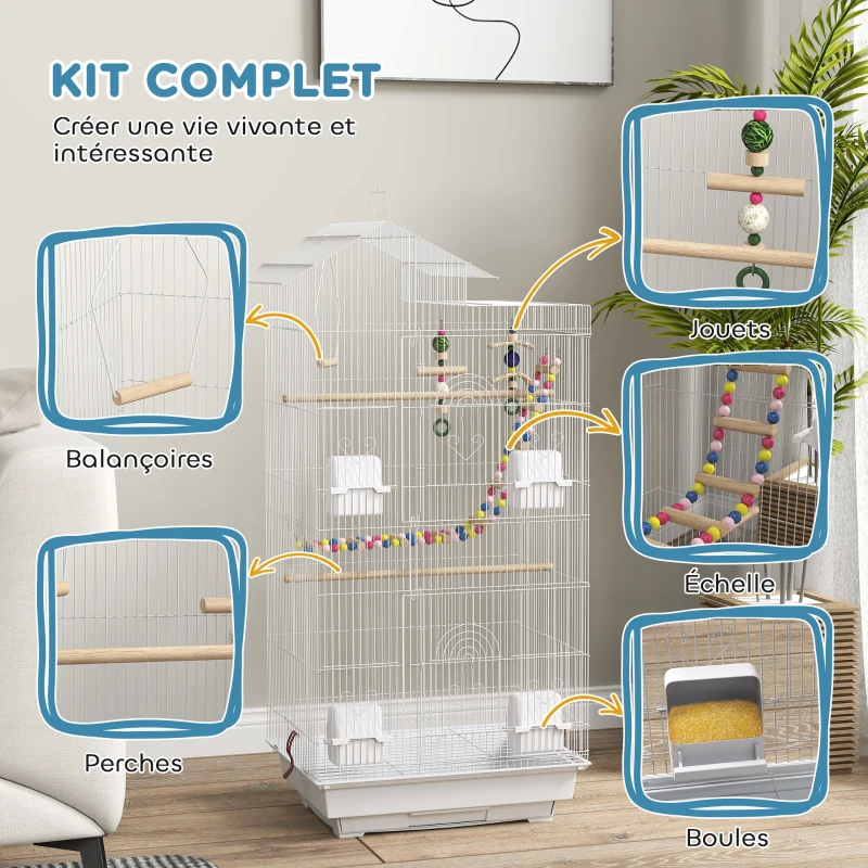 PawHut Cage à oiseaux 46 x 36 x 100 cm 4 mangeoires 3 perchoirs cage pour perruche calopsitte conure pinson canaris