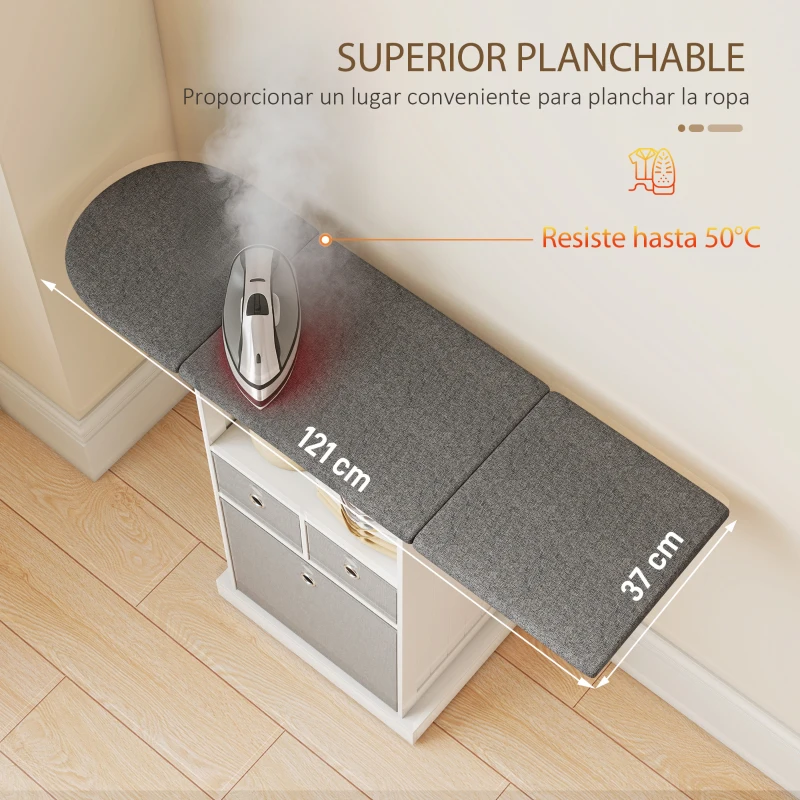 HOMCOM Mueble de Plancha con Ruedas Tabla de Planchar Plegable 3 Cajones de Tela 121x37x89,5 cm Blanco