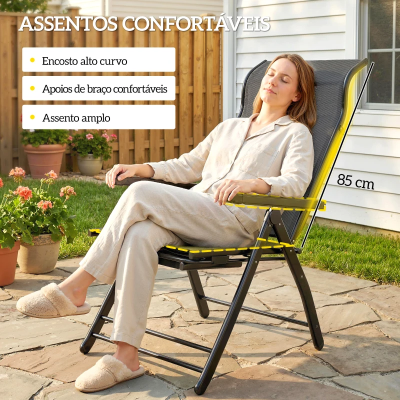 Outsunny Conjunto de 2 Cadeiras Dobráveis Reclináveis de Jardim Exterior com Encosto Alto Ajustável em 5 Posições Apoio para Pés Cinza Escuro