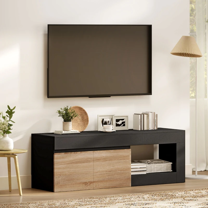 HOMCOM Meuble TV 2 portes pour téléviseurs jusqu'à 60 pouces, meuble télé avec placard et étagère ouverte, noir