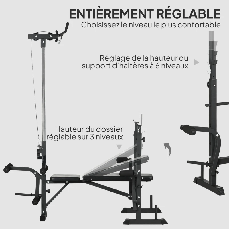 HOMCOM Banc de musculation complet multifonction avec dossier réglable, banc developper coucher à plat ou incliné 180x134x200cm