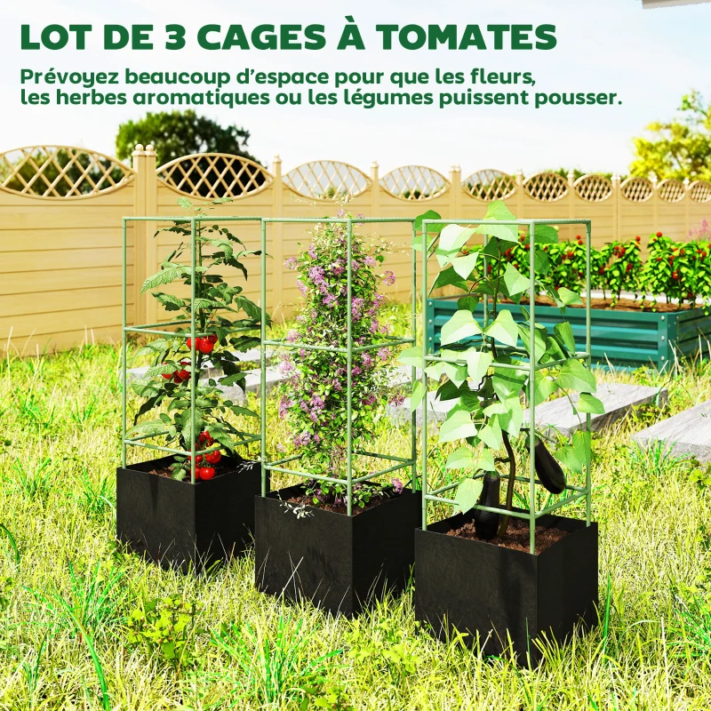 Outsunny Lot de 3 cages à tomates carrées avec sacs de culture de 51,2 L, treillis pour fleurs, légumes, plantes grimpantes, vert