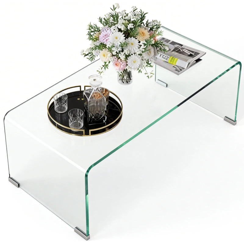 HOMCOM Table basse en verre table de salon rectangulaire design moderne en verre trempé avec bords arrondis sûrs transparent