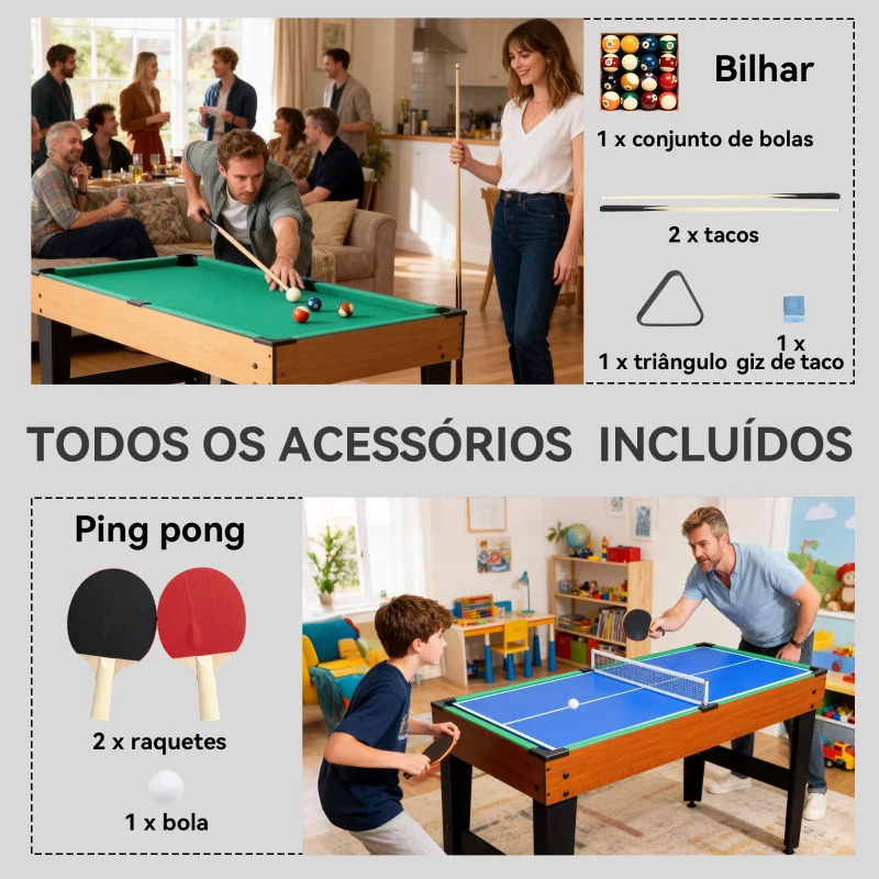 SPORTNOW Mesa Multijogos 5 em 1 Mesa de Jogo com Matraquilho Bilhar Ping-Pong Hóquei e Basquetebol 134x108x144 cm Madeira e Preto