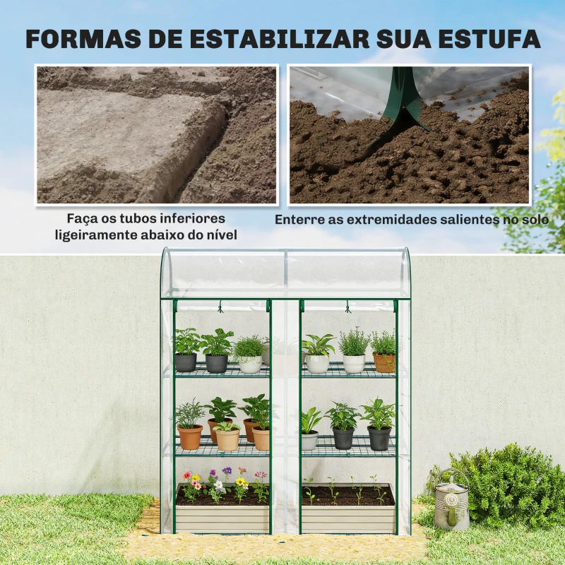 Outsunny Estufa Pequena de 3 Níveis 2 Portas Enroláveis Estrutura de Aço Cobertura de Plástico 143x46x164 cm Transparente