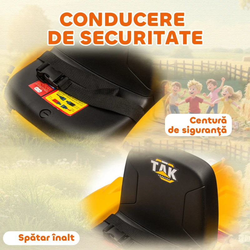 AIYAPLAY Excavator Electric pentru Copii 12V cu 2 Motoare, Telecomandă, USB, Lumini și Muzică, 3-8 Ani, Galben