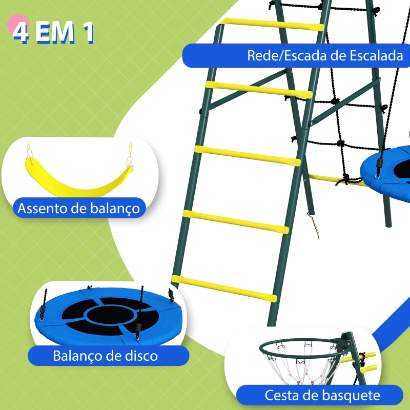 Outsunny Baloiço Infantil 4 em 1 com Baloiço Ninho e Individual Rede de Escalada Cesto de Basquetebol Escada Amarelo