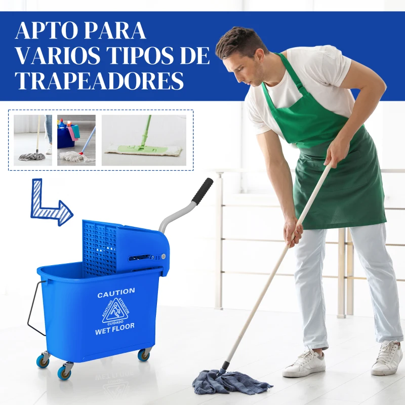 HOMCOM Cubo de Fregona con Ruedas 20 L Cubo de Fregar con Escurridor y Asa de Transporte para Doméstico y Comercial Azul