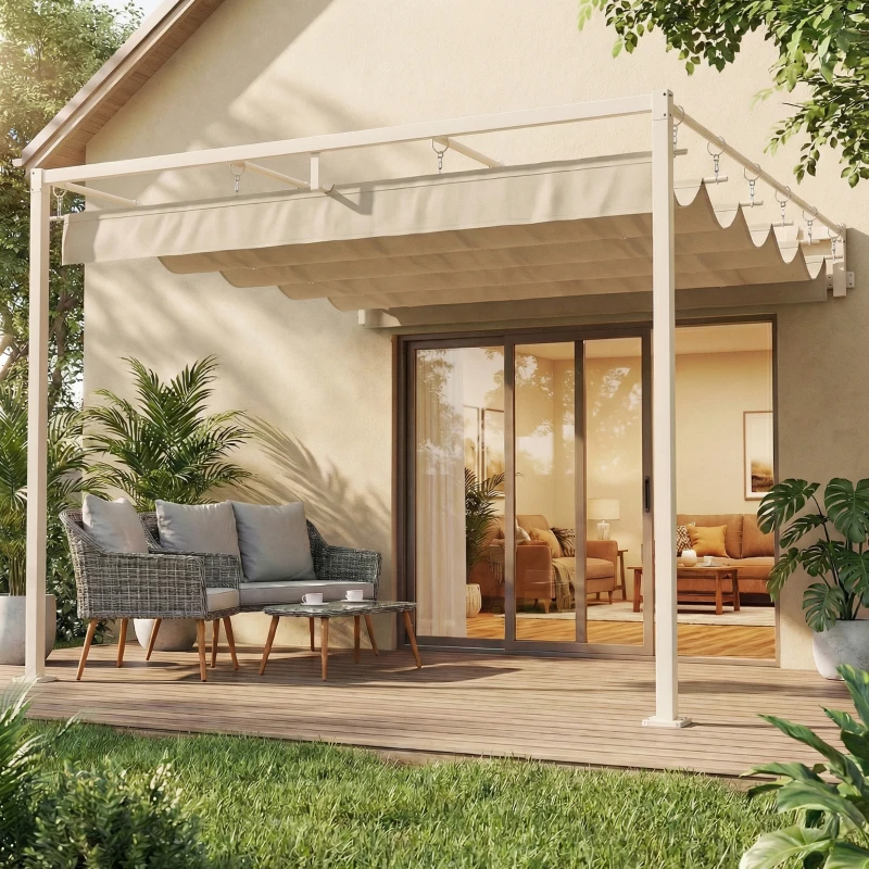 Outsunny Pérgola de Parede para Jardim 3x3 m com Teto Retrátil Proteção UPF30+ e Drenagem Pérgola para Exterior Bege