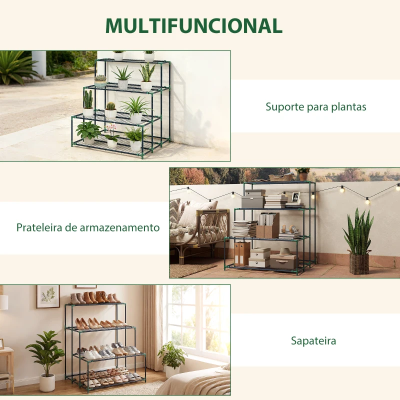 Outsunny Suporte para Plantas de 4 Níveis com Estilo em Escada e Estrutura Metálica Resistente para Interior e Exterior Verde