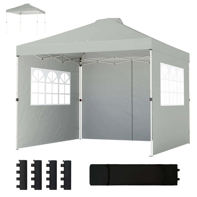 Outsunny Pavilion 3x3 m Waterproof Height-Adjustable Pop-up Folding Canopy with 3 Sidewalls, Windows, Vents, UV 50+ Light Grey