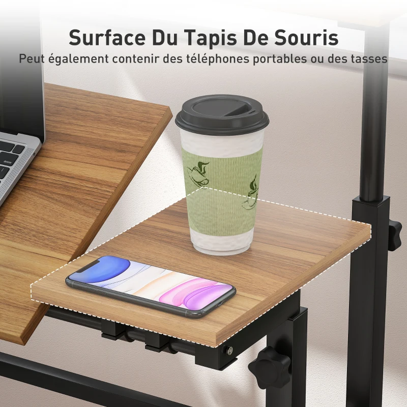 HOMCOM Bureau assis debout bureau réglable en hauteur 70 x 60 cm à roulettes avec plateau inclinable cadre en métal marron