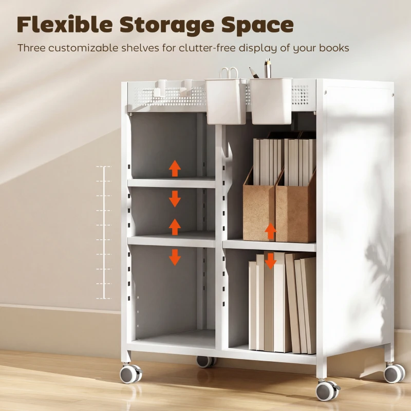 HOMCOM Regał na książki na kółkach, 4-poziomowy, regulowane półki i wiszące kosze do salonu i biura, biały