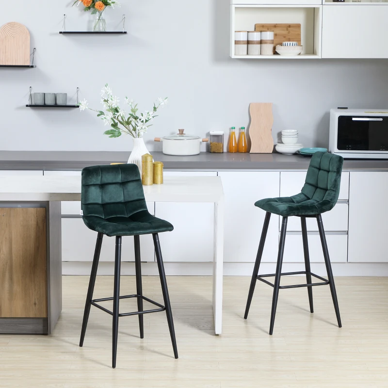 HOMCOM Lot de 2 tabourets de bar design surface en velours capitonné et pieds en acier hauteur 77 cm vert foncé