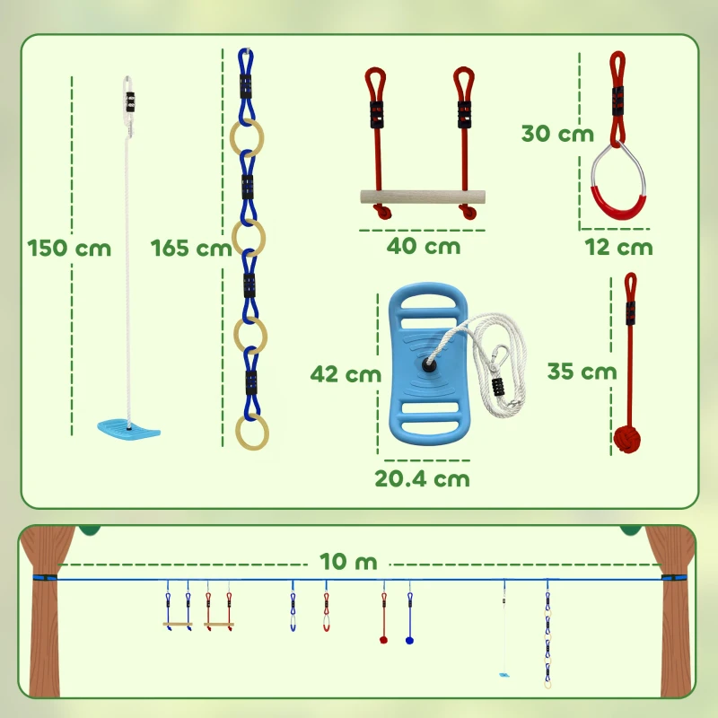 AIYAPLAY Ninja line 10 m con 9 pezzi, anelli e altalena 3 in 1, per Bmabini 3-8 Anni, Multicolore