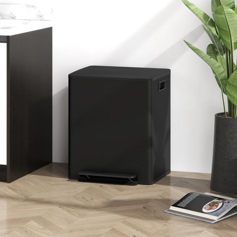 HOMCOM Poubelle de cuisine 2 compartiments de 2 x 25L, acier inoxydable, couvercle à fermeture douce, 47,7x37,5x56cm, noir