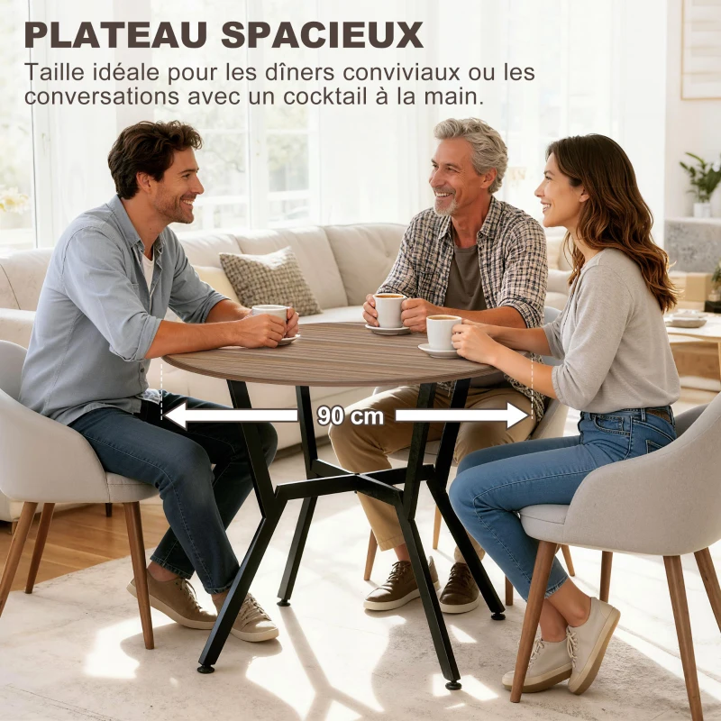 HOMCOM Table de salle à manger rond, table de cuisine, deux places, cadre en acier, dim. Ø 90 x 76H cm, marron, noir