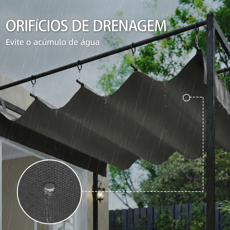 Outsunny Pérgola de Parede para Jardim 3x3 m com Teto Retrátil Proteção UPF30+ Drenagem Pérgola de Jardim para Exterior Cinzento