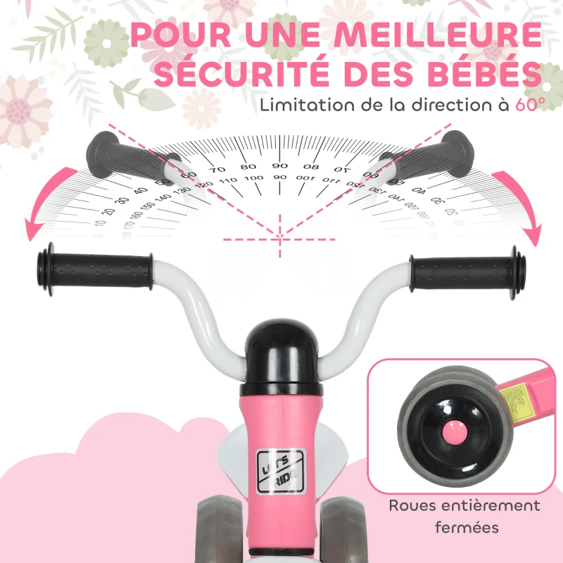 AIYAPLAY Draisienne bébé 1-3 ans jusqu'à 20 kg, vélo enfants sans pédale, 3 roues silencieuses, 69 x 40 x 49 cm, rose