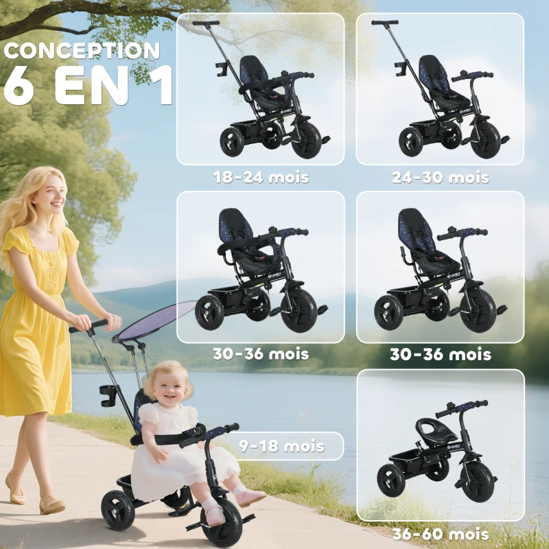 HOMCOM Tricycle Enfants Pare-Soleil Pliable Canne Amovible Benne Rangement 105 x 47 x 98 cm Acier Bleu et Noir