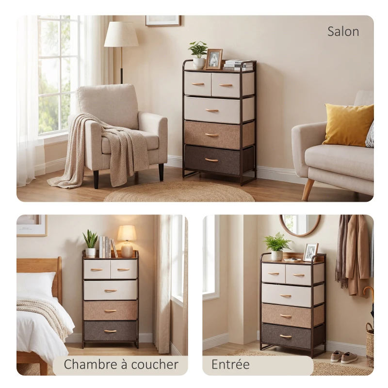 HOMCOM Commode Meuble de Rangement 5 tiroirs Pliables en Tissu 58 x 29 x 99 cm Multicolore