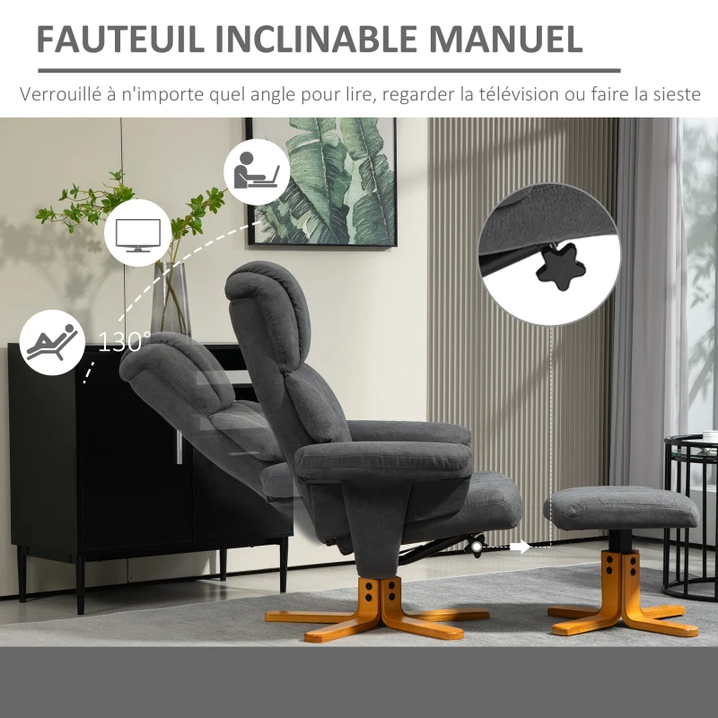 HOMCOM Fauteuil relax avec repose-pied, fauteuil de relaxation, dossier inclinable, assise rembourrée, 79x80x104cm, gris foncé