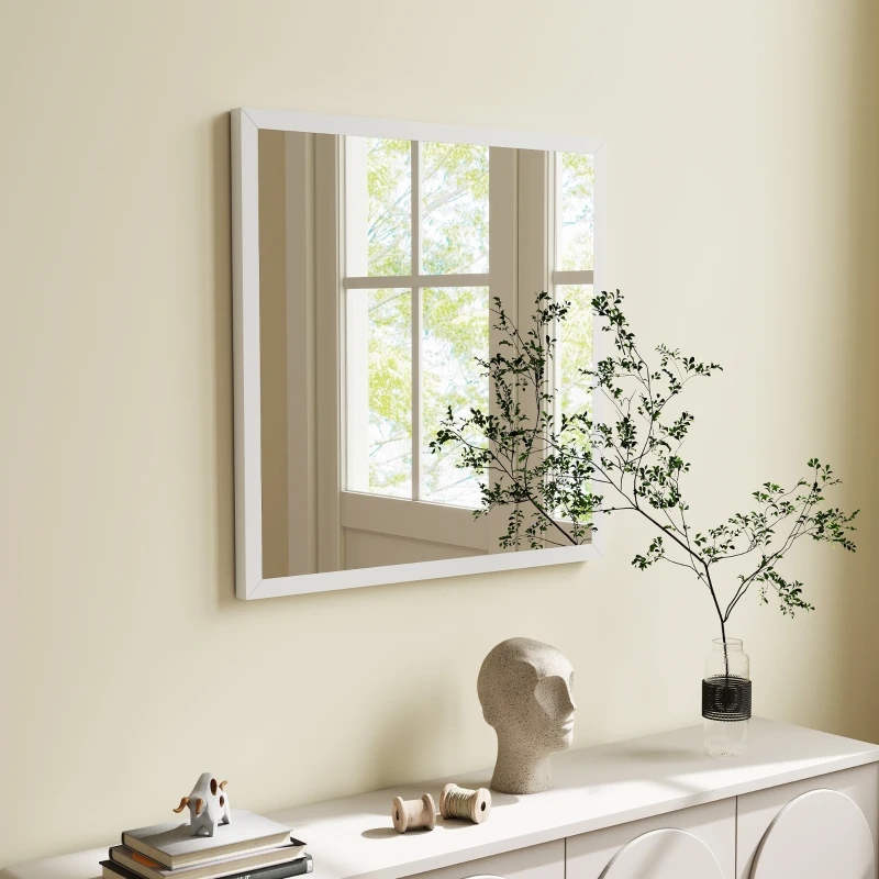 HOMCOM Miroir mural carré 50 x 50 cm, cadre en bois blanc, idéal pour la salle de bain, salon ou chambre