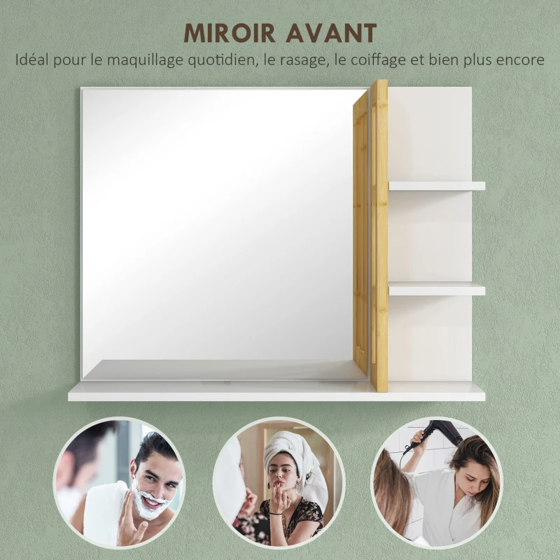 HOMCOM Miroir mural de salle de bain avec 3 étagères latérales 1 étagère inférieure en bambou 45 x 15 x 58,5 cm blanc