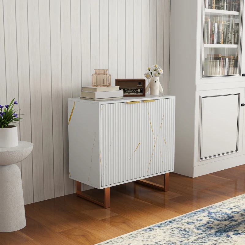 HOMCOM Buffet salon meuble de rangement style moderne avec placard à 2 portes cannelées, étagère réglable, pieds en métal, blanc