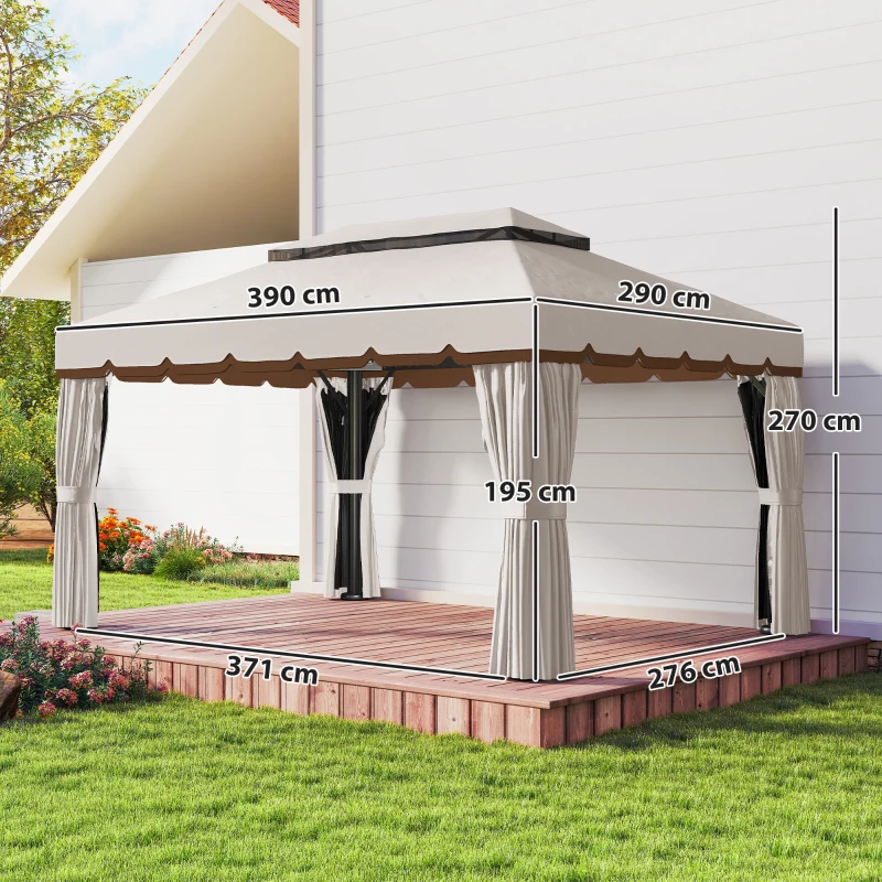Outsunny Pérgola de Jardim 390x290x270 cm com 4 Cortinas Laterais 4 Telas Mosquiteiras e 8 Orifícios de Drenagem Creme