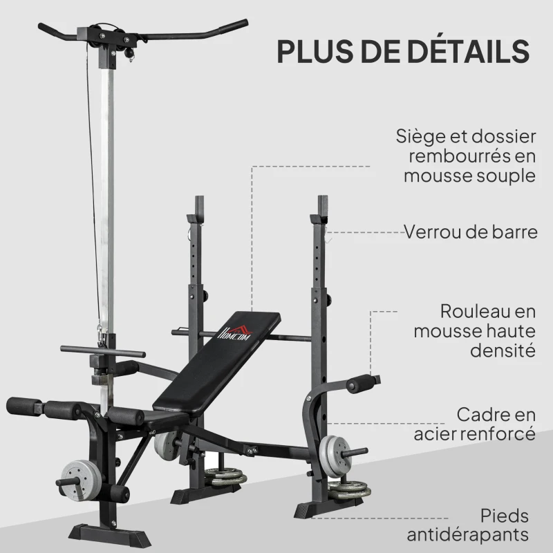 HOMCOM Banc de musculation complet multifonction avec dossier réglable, banc developper coucher à plat ou incliné 180x134x200cm