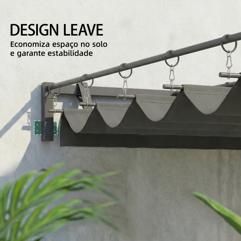 Outsunny Pérgola de Parede para Jardim 3x3 m com Teto Retrátil Proteção UPF30+ Drenagem Pérgola de Jardim para Exterior Cinzento