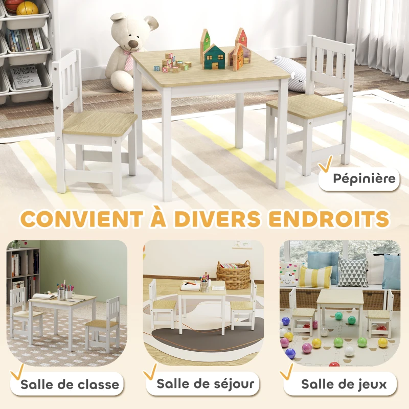 AIYAPLAY Table enfant avec chaise, lot table et 2 chaises enfant en bois pour dessiner, jouer, étudier, 56x52x48cm, bois naturel