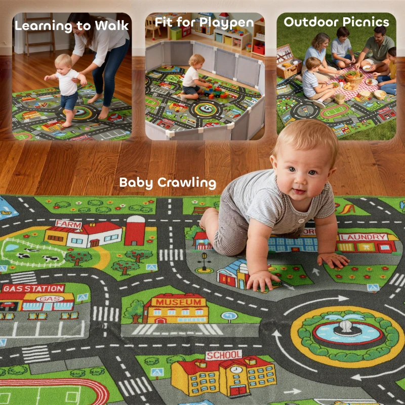 AIYAPLAY Mata do zabawy dla dzieci, mata 200x150x0,5 cm, antypoślizgowa mata z motywem miasta do pokoju dziecięcego