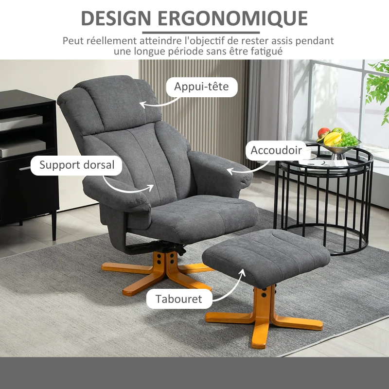 HOMCOM Fauteuil relax avec repose-pied, fauteuil de relaxation, dossier inclinable, assise rembourrée, 79x80x104cm, gris foncé